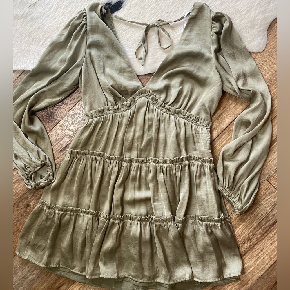 SOLD Lulus Moonstruck Olive Green Satin Tiered Long Sleeve Mini Dress - Picture 1 of 9